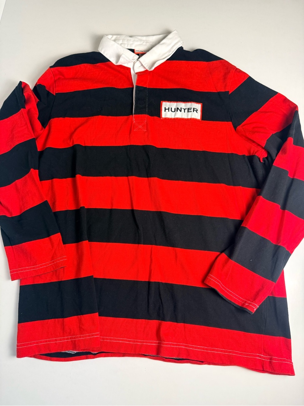 Hunter Red and Black Striped Rugby Shirt with White Collar